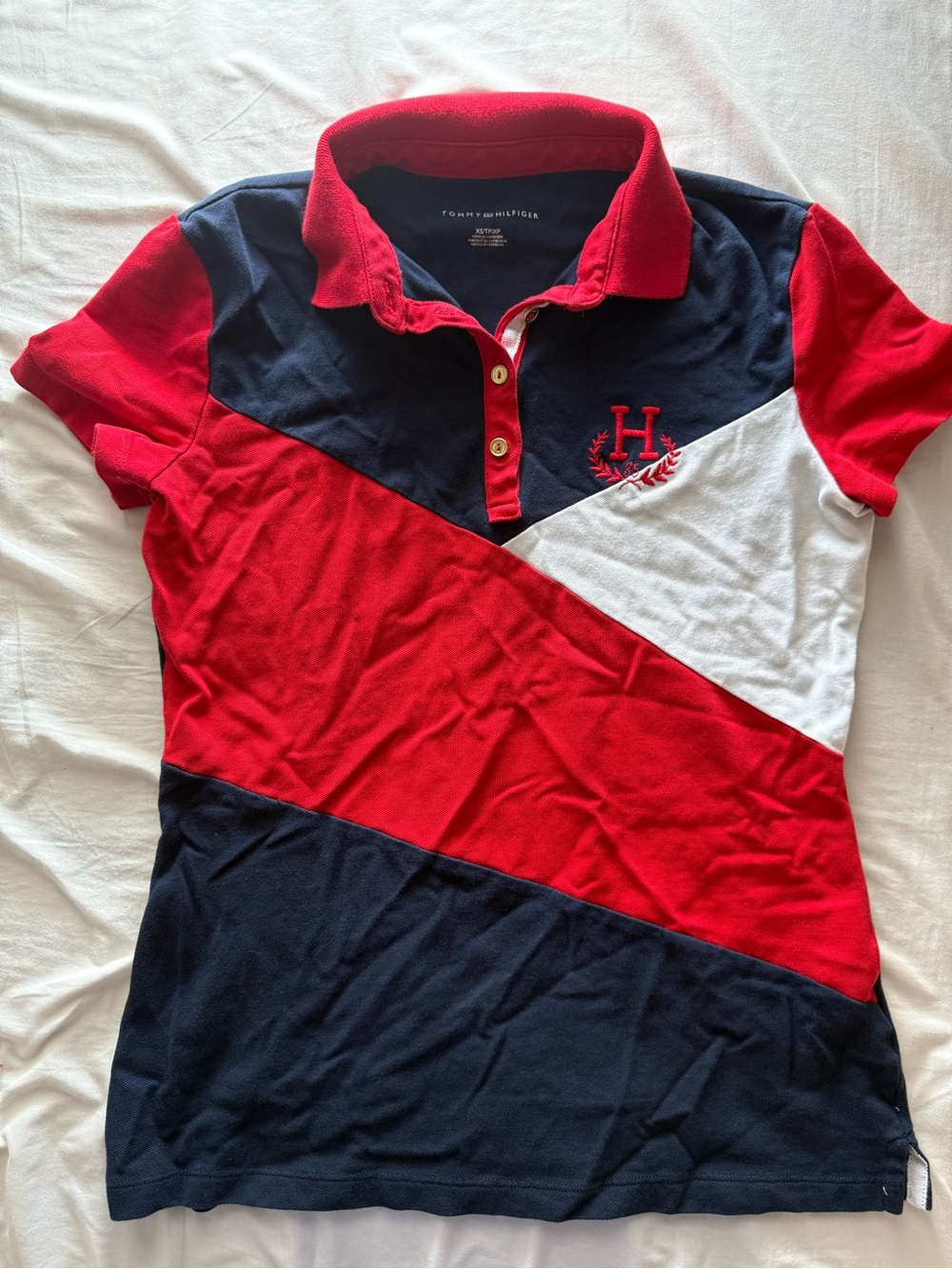 Tommy Hilfiger Red Navy White Diagonal Colorblock Polo